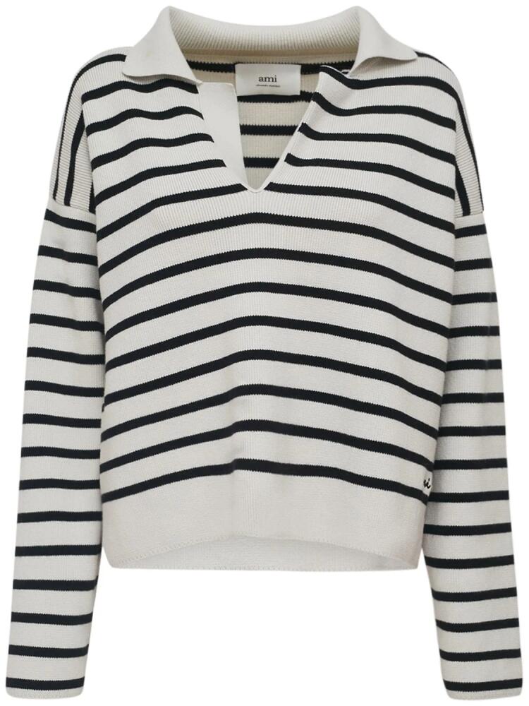 AMI PARIS Striped Cotton & Wool Polo Sweater Cover