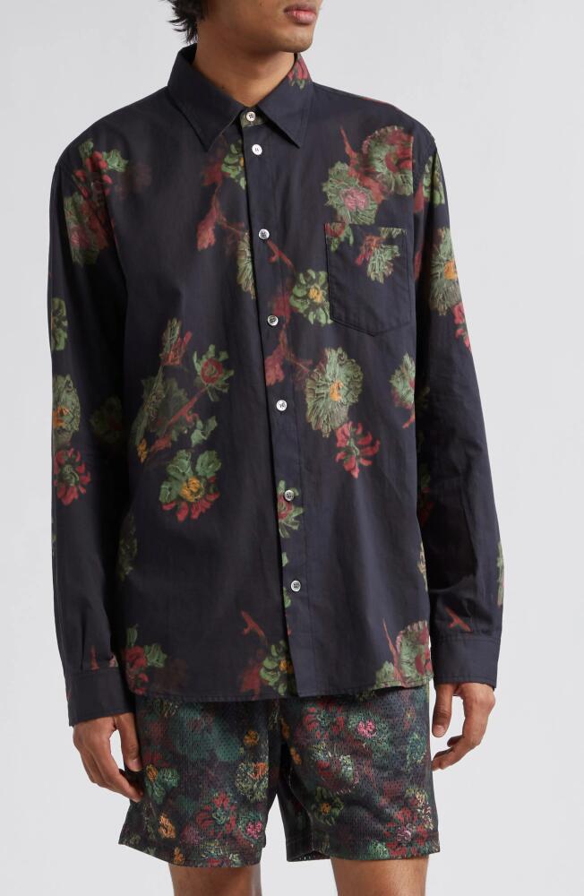 John Elliott Cloak Floral Print Cotton Button-Up Shirt in Forest Floral Cover