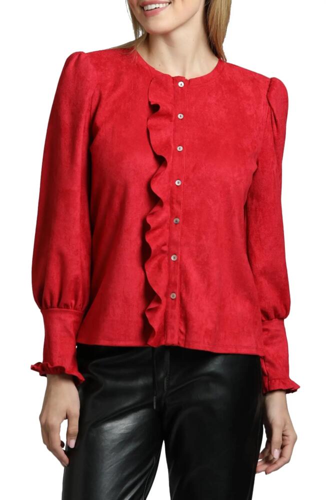 APNY Ruffle Puff Sleeve Faux Suede Button-Up Shirt in Red Cover