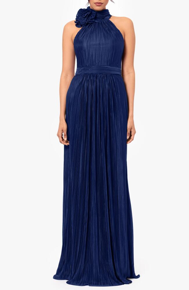 Betsy & Adam Rosette Plissé Gown in Navy Cover