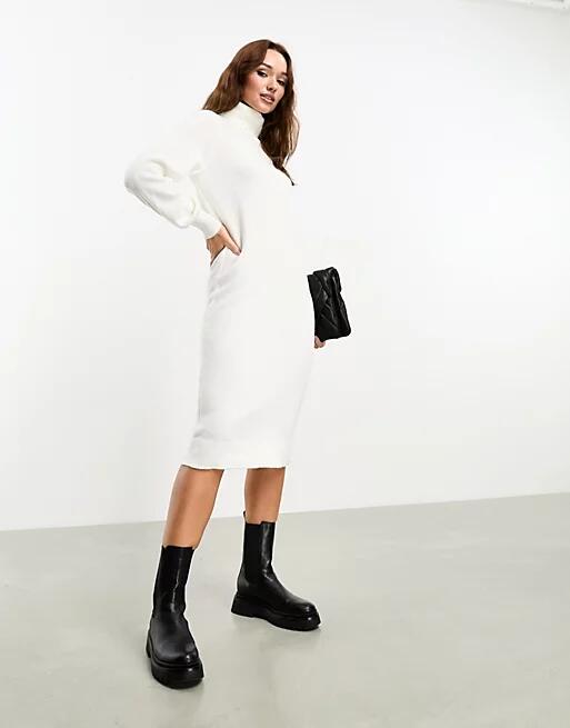 Vila roll neck knitted sweater midi dress in cream-White Cover