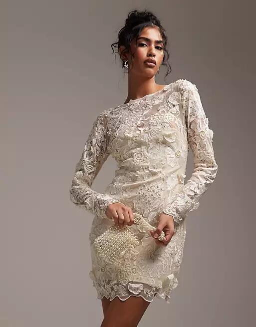 ASOS DESIGN long sleeve embroidered mini wedding dress in cream-Neutral Cover