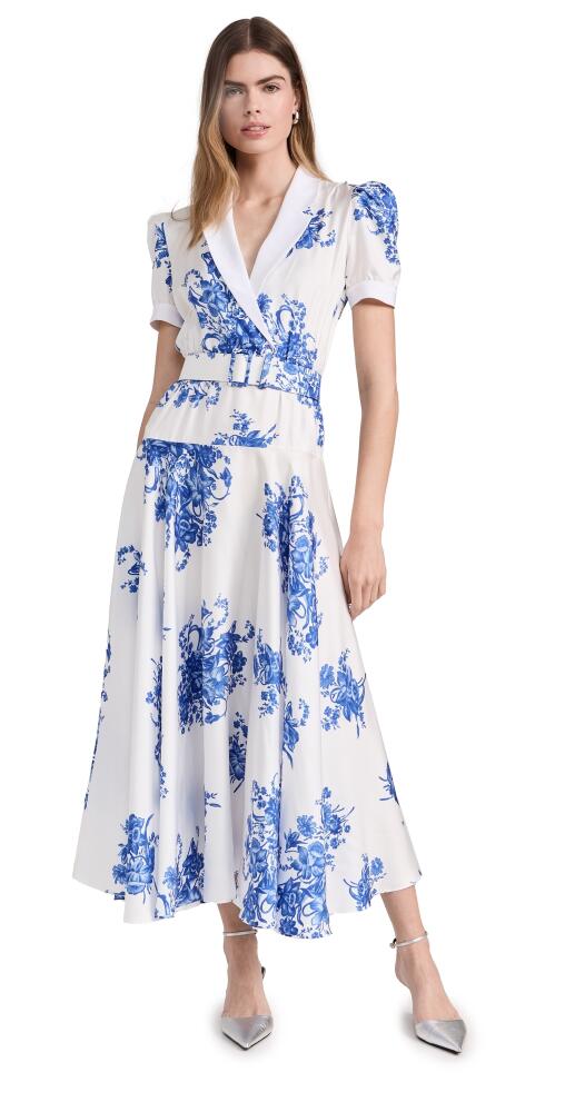 Rodarte White and Blue Floral Printed Silk Twill Collared Dress with Belt Detail Blue Cover