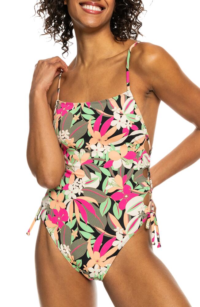 Roxy Beach Classics Lace-Up Side One-Piece Swimsuit in Anthracite Palm Songs Cover