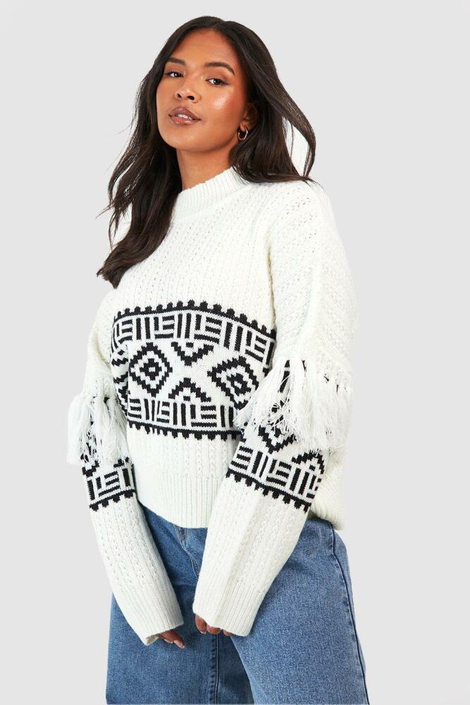 boohoo Womens Plus Aztec Trim Sleeve Sweater - White Cover