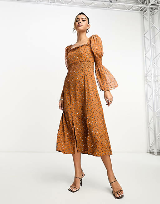 French Connection long sleeve maxi dress in brown floral Cover