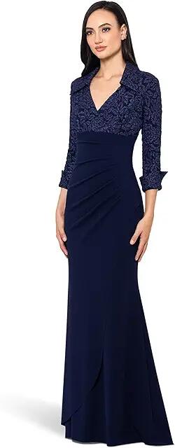 XSCAPE The Beautiful Jacquard Top With Long Sleeves Creates A Flattering Yet Elegant Look (Navy) Women's Dress Cover