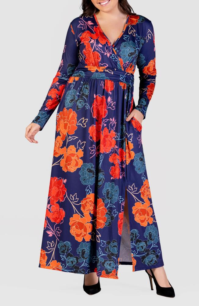 24seven Comfort Apparel Floral Long Sleeve Wrap Front Knit Maxi Dress in Orange Multi Cover