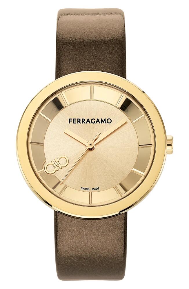 FERRAGAMO Curve V2 Leather Strap Watch, 35mm in Brown/Yellow Gold Cover