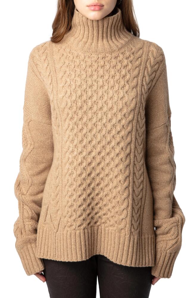 Zadig & Voltaire Alma Cashmere & Wool Cable Turtleneck Sweater in Squirrel Cover