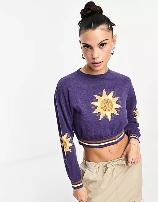 Daisy Street cropped sweater with retro sun knit-Blue Cover