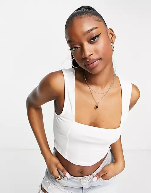 ASOS DESIGN cropped square neck cami with seam detail in white Cover