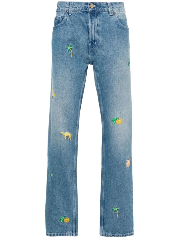 Casablanca embroidered-design cotton straight-leg jeans - Blue Cover