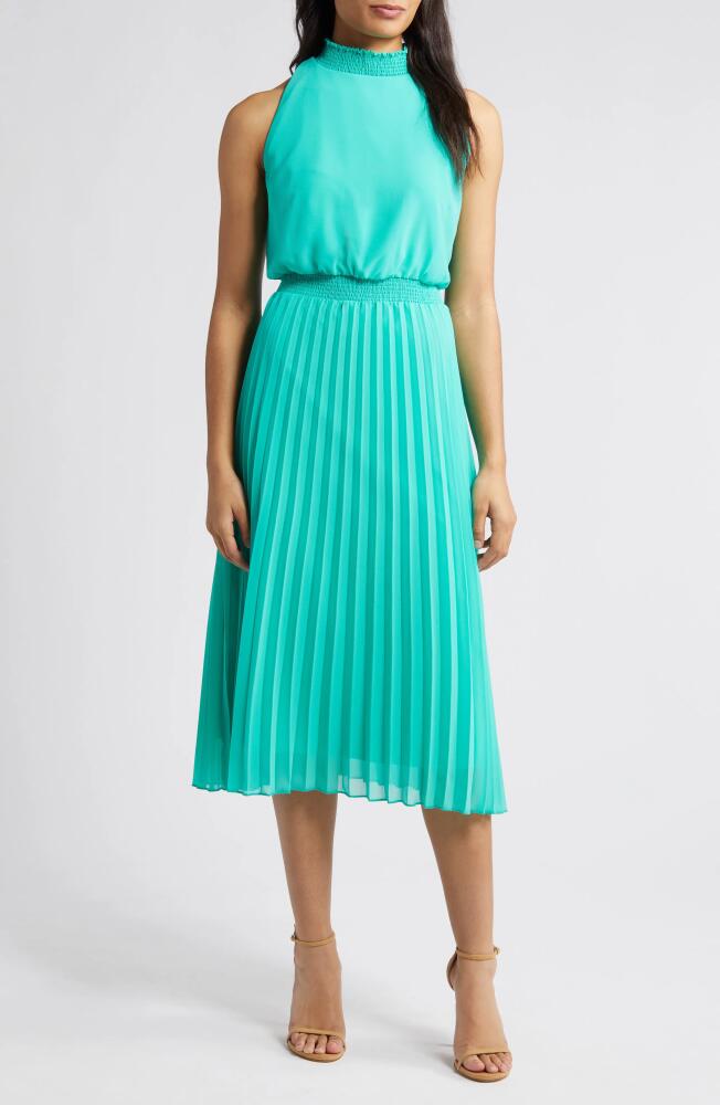 Sam Edelman Smocked Plissé Midi Dress in Turquoise Cover