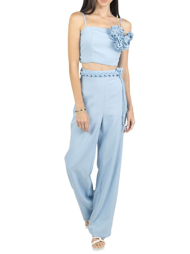 AKALIA Women's 2-Piece Corsage Crop Top & Belted Pants Set - Light Blue Cover