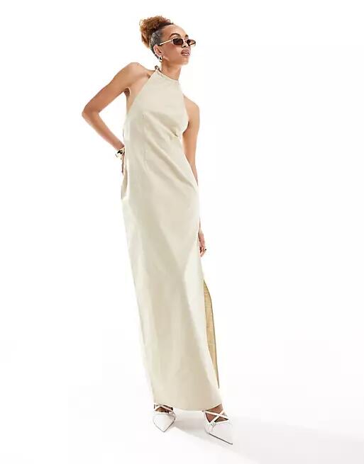 Lioness halterneck low back maxi dress in beige-Neutral Cover