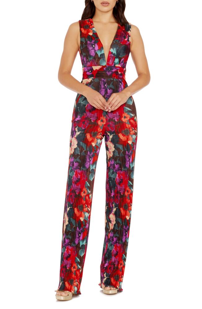 Dress the Population Hunter Floral Print Plissé Sleeveless Jumpsuit in Rouge Multi Cover