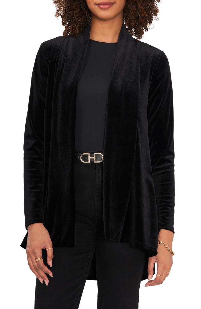 Vince Camuto Shawl Collar Stretch Velvet Cardigan in Rich Black Cover