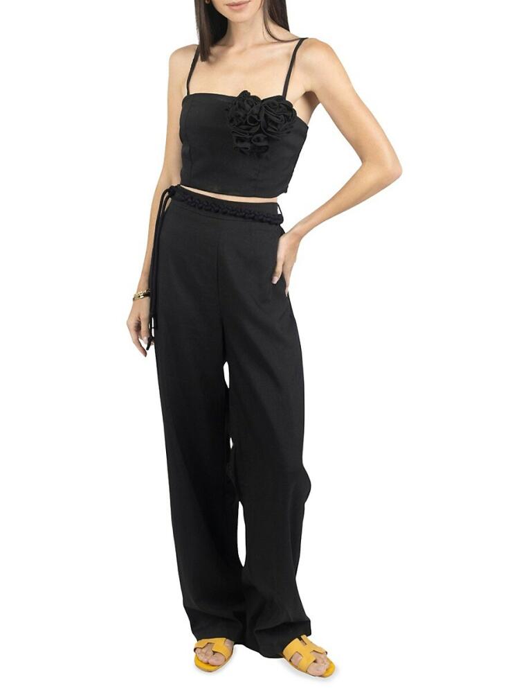 AKALIA Women's 2-Piece Corsage Crop Top & Belted Pants Set - Black Cover