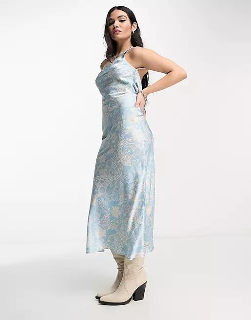 Emory Park satin paisley print one shoulder midaxi dress in blue-Multi Cover