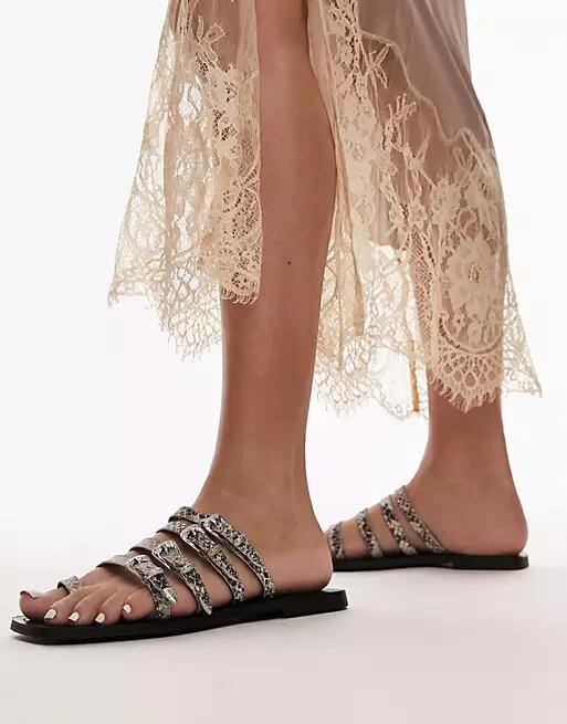 Topshop Keira leather western buckle sandals in brown snake Cover