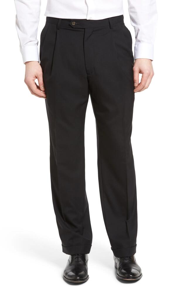 Berle Lightweight Plain Weave Pleated Classic Fit Trousers in Black Cover