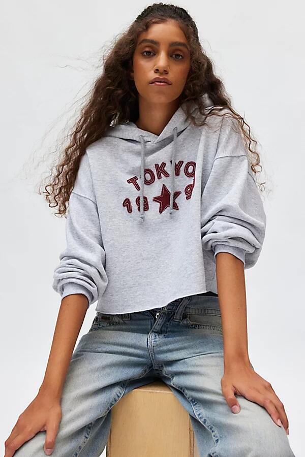 Tokyo Applique Graphic Cropped Hoodie Sweatshirt in Grey Cover