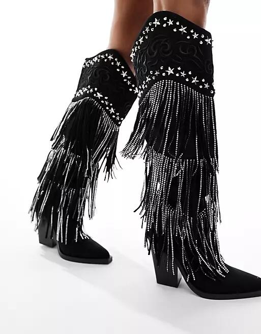 Simmi London Dance fringe western knee boot in black Cover