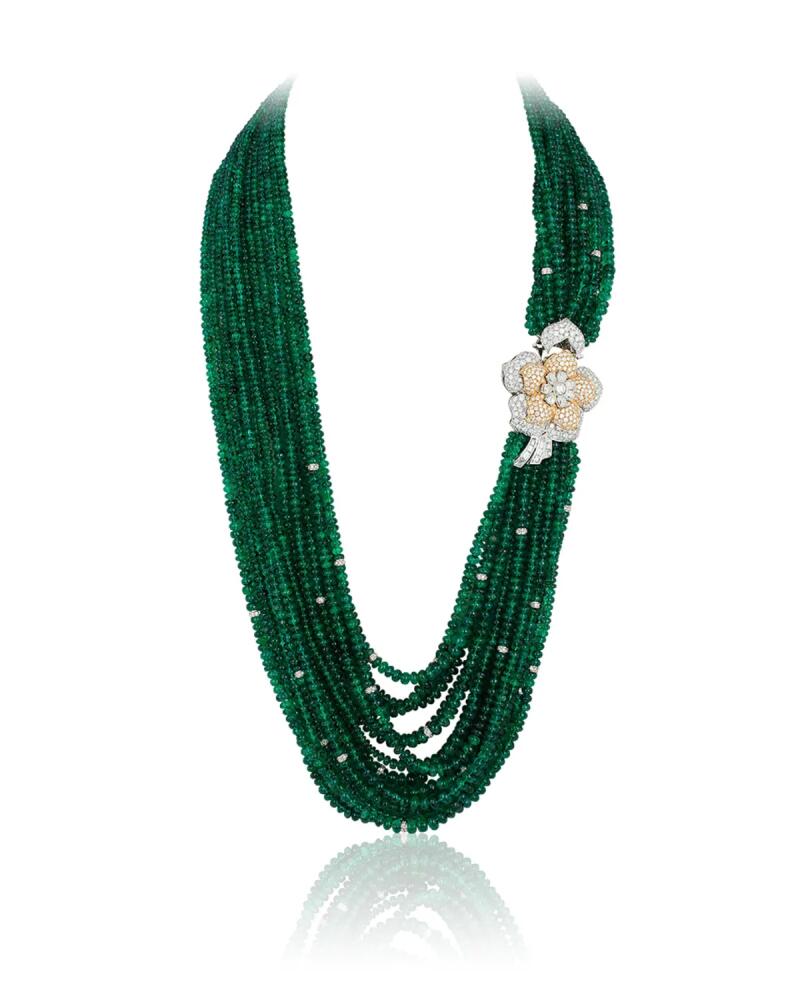 Andreoli 18K Emerald Necklace with Diamond Pave Flower Cover