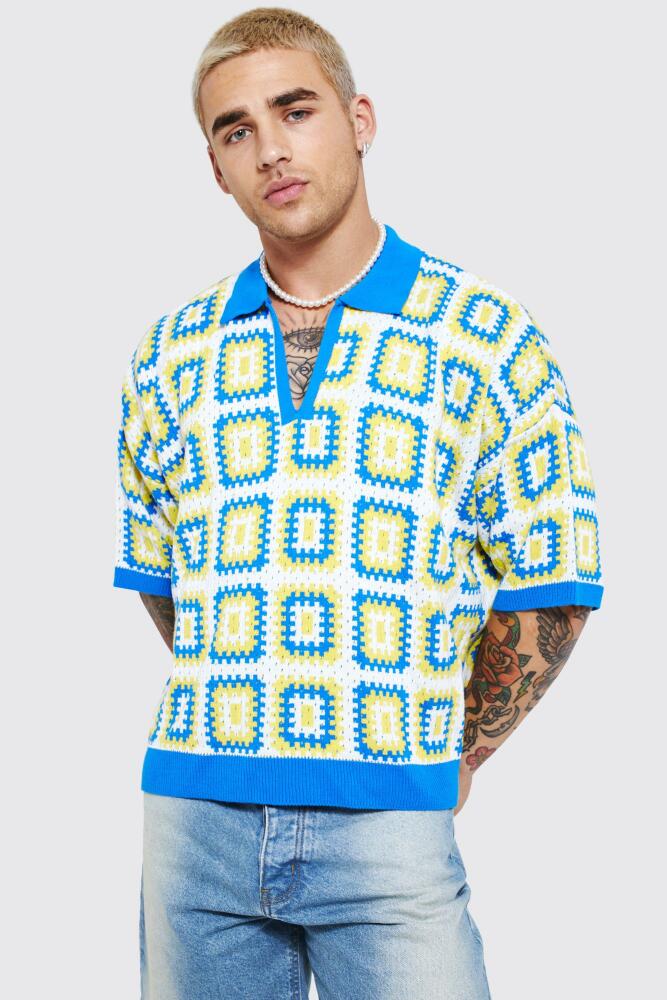 boohoo Mens Short Sleeve Boxy Fit Revere Crochet Polo - Blue Cover