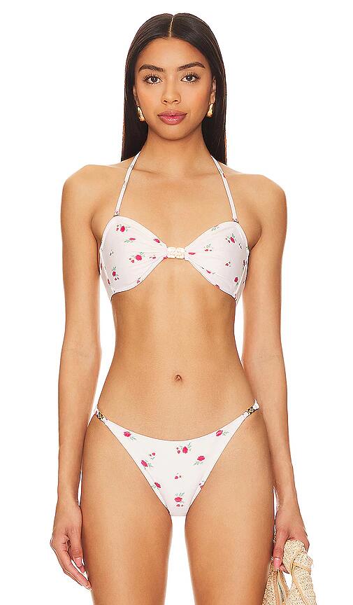 Ganni Recycled Printed Emblem Bandeau Bikini Top in Cream Cover