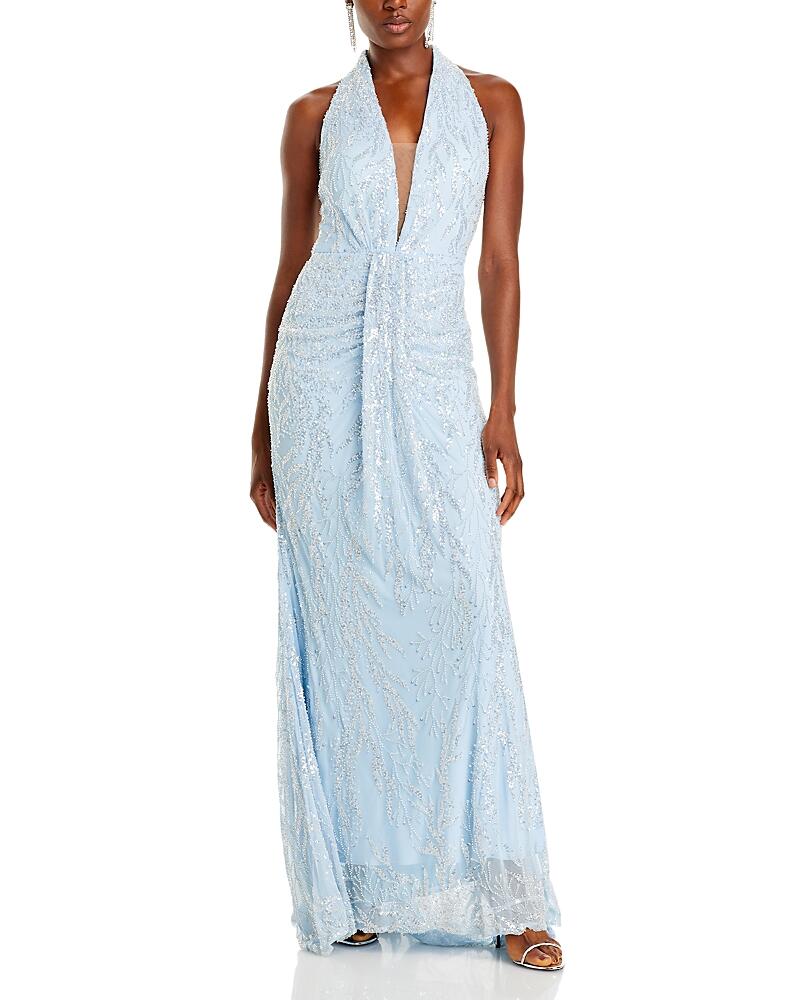 Aqua Embellished Plunging V Neck Gown - Exclusive Cover