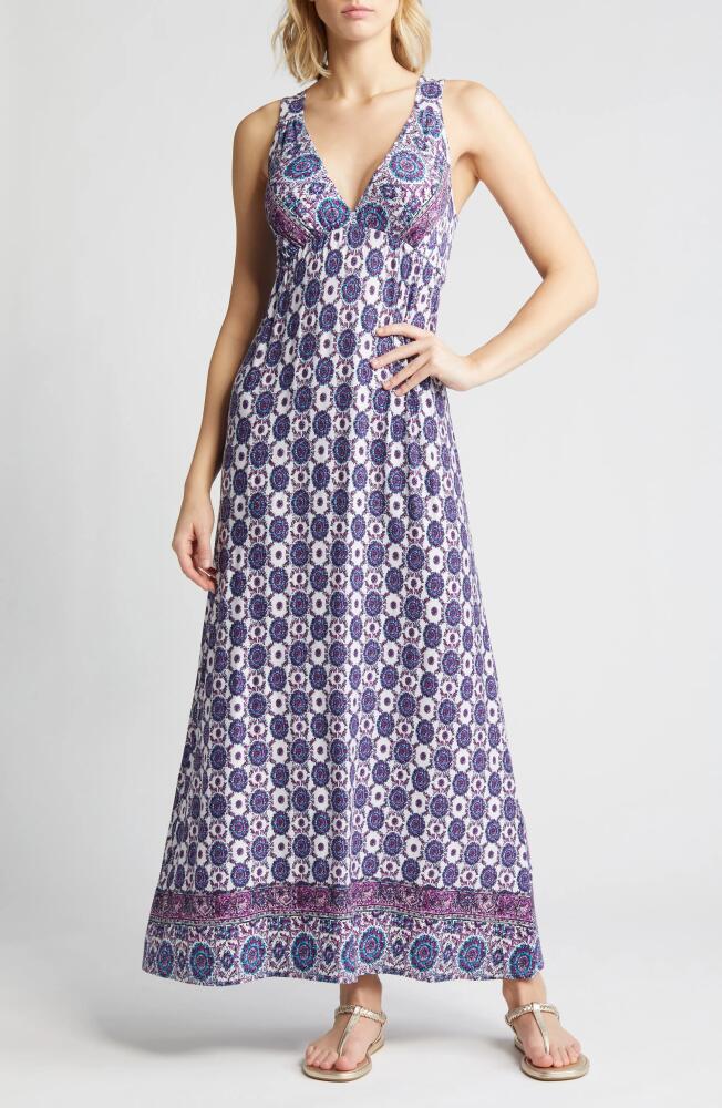 Loveappella Border Print Sleeveless Jersey Maxi Dress in Violet Cover