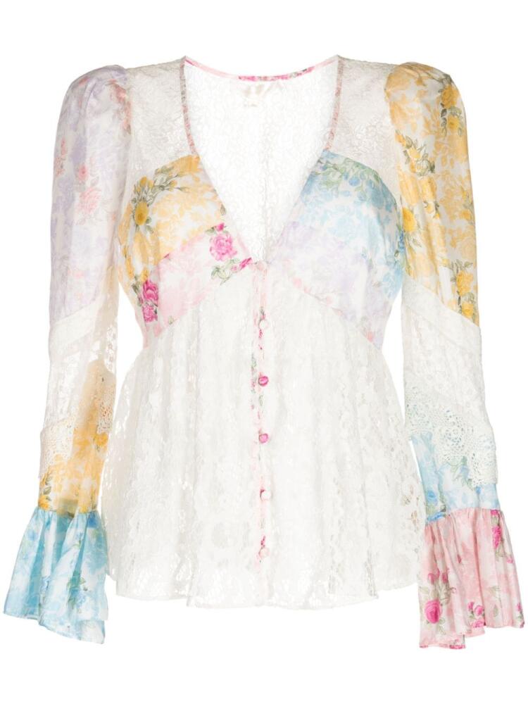 LoveShackFancy Priema patchwork silk blouse - White Cover