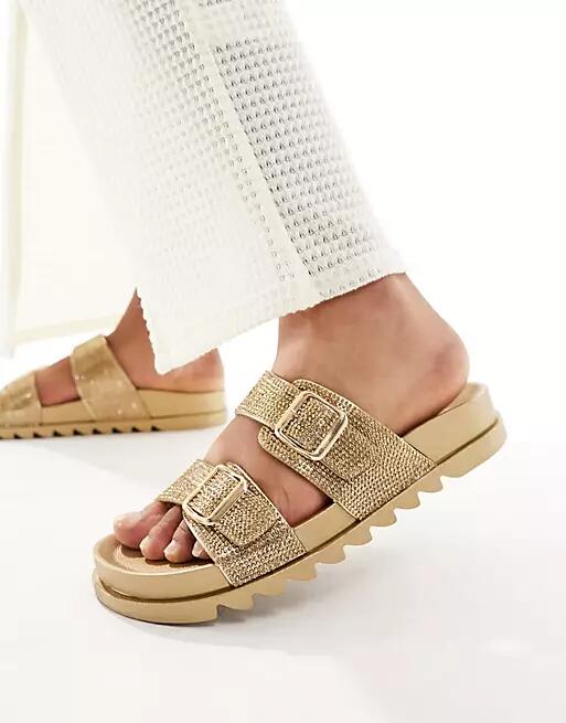 Glamorous rhinestone double strap slides in gold Cover