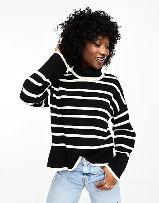 Vero Moda roll neck sweater in black mono stripe-White Cover