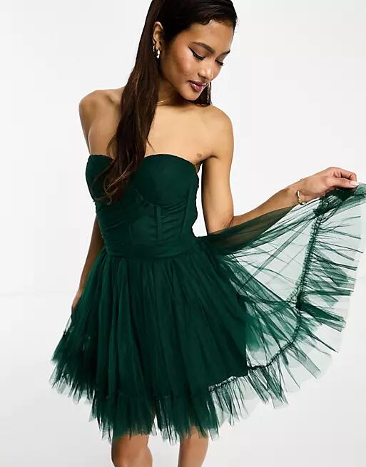 Lace & Beads wrapped corset tulle mini dress in emerald-Green Cover