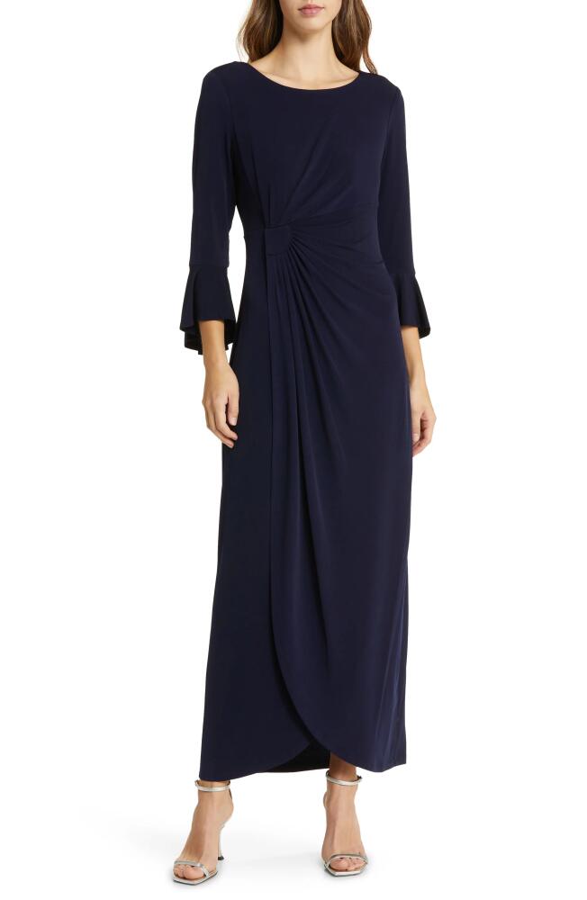 Connected Apparel Bell Sleeve Gathered Waist Gown in Navy Cover