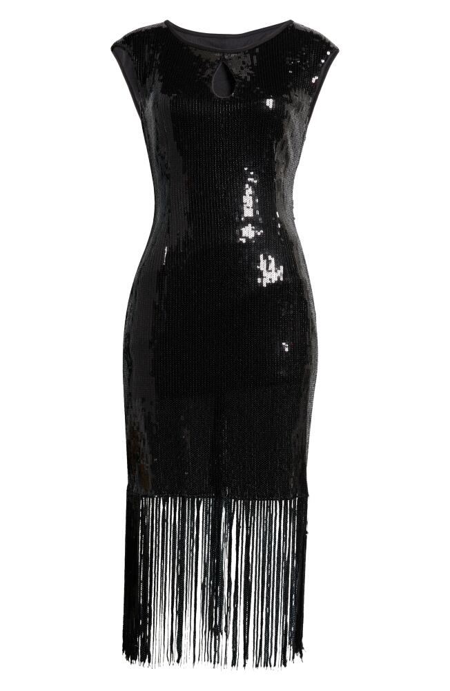 Connected Apparel Kyhle Sequin Fringe Hem Cocktail Dress in Black Cover