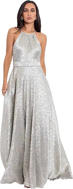 Betsy & Adam Long Halter Metallic Foil Print Gown (Grey/Gold) Women's Dress Cover