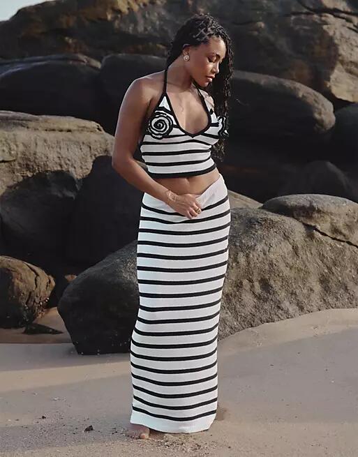 4th & Reckless x Loz Vassallo rico knit striped beach maxi skirt in black and white - part of a set-Multi Cover