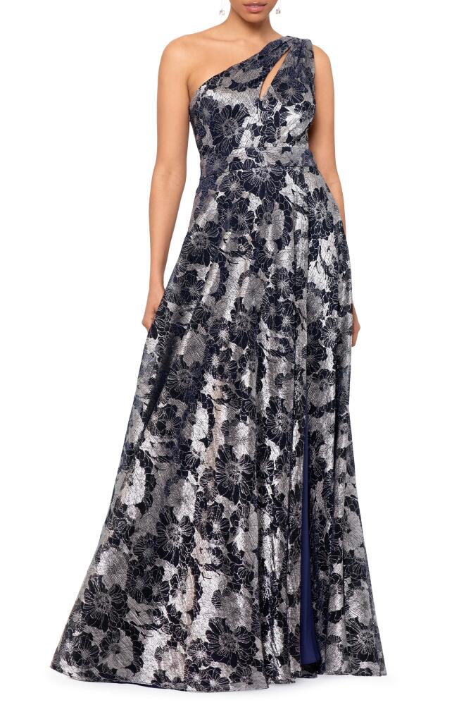 Betsy & Adam Metallic Floral One-Shoulder Gown in Navy/Gunmetal Cover