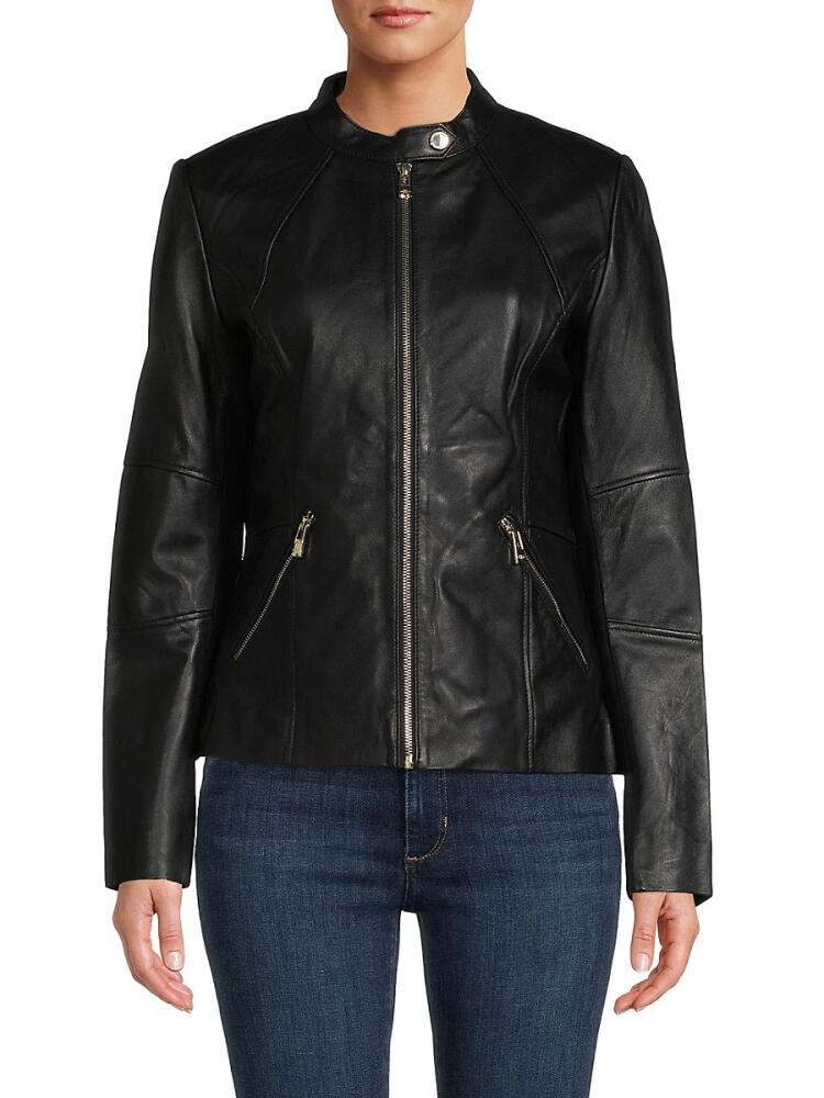 Karl Lagerfeld Paris Women's Mandarin Leather Motorcycle Jacket - Black Cover