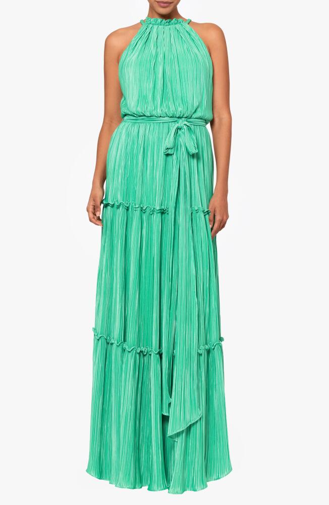 Betsy & Adam Plissé Tie Waist Tiered Gown in Green Cover