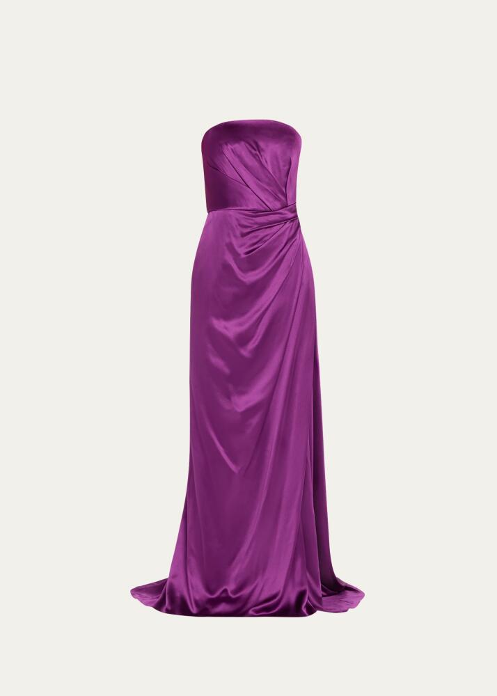 Marchesa Strapless Satin Hand-Draped Gown with Slit Cover