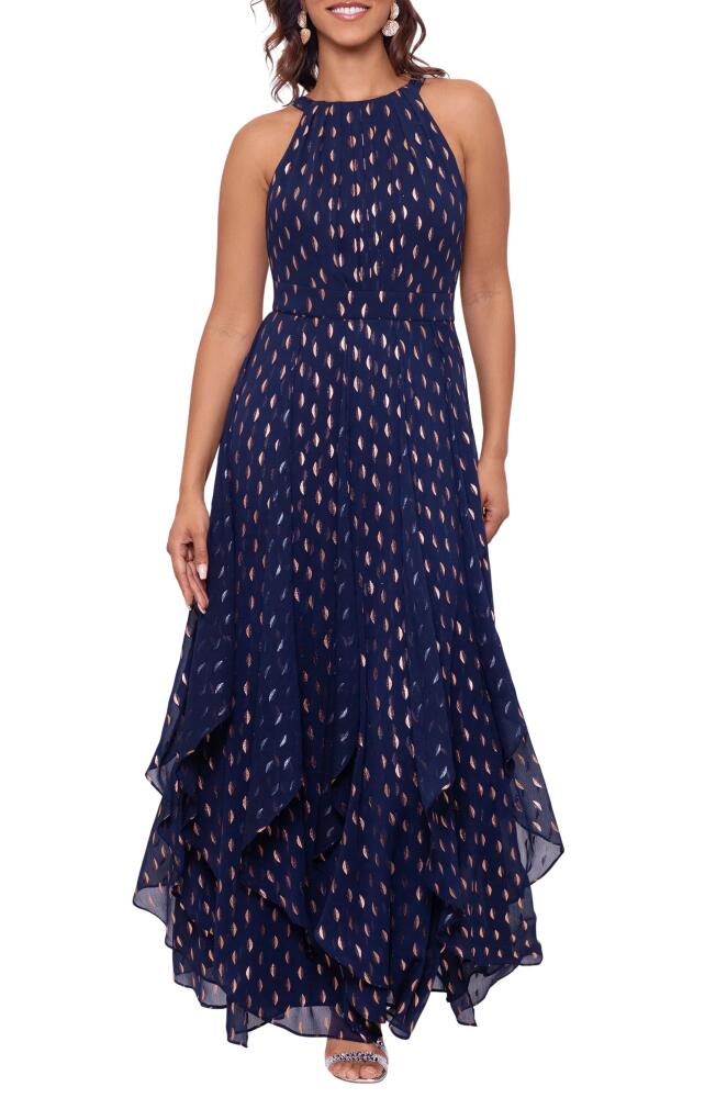 Betsy & Adam Metallic Layered Ruffle Sleeveless Gown in Navy/Copper Cover