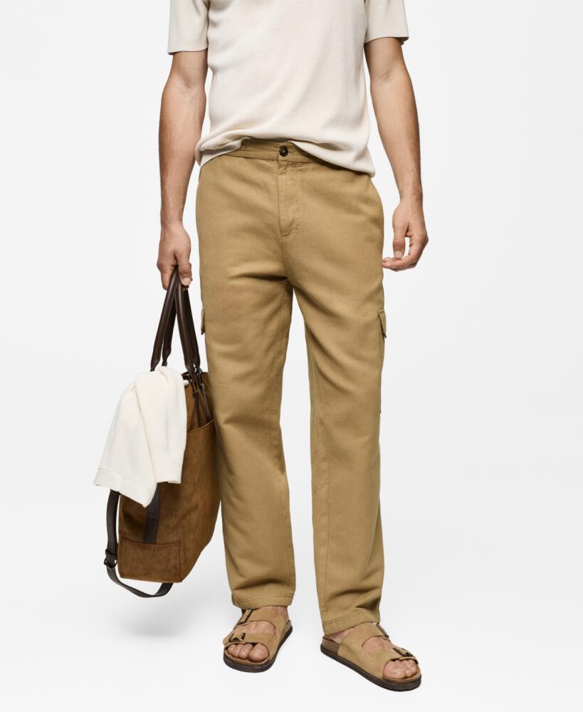 Mango Men's Cotton-Linen Cargo Pants - Medium Brown Cover