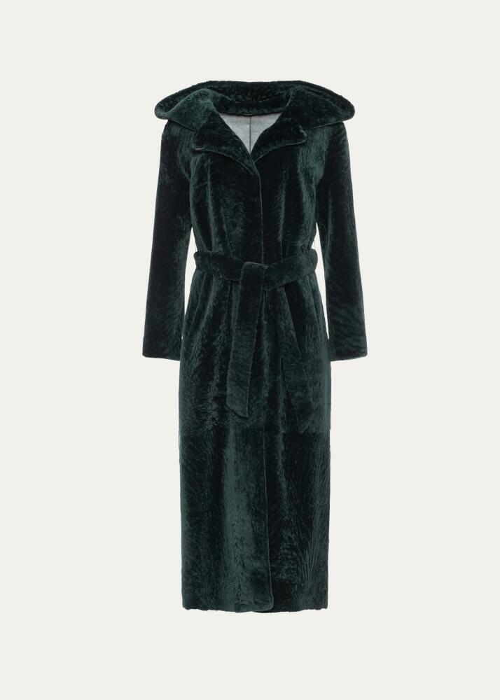 Gorski Hooded Shearling Overcoat with Tie Belt Cover