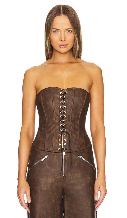 WeWoreWhat Faux Leather Lace Front Corset in Brown Cover