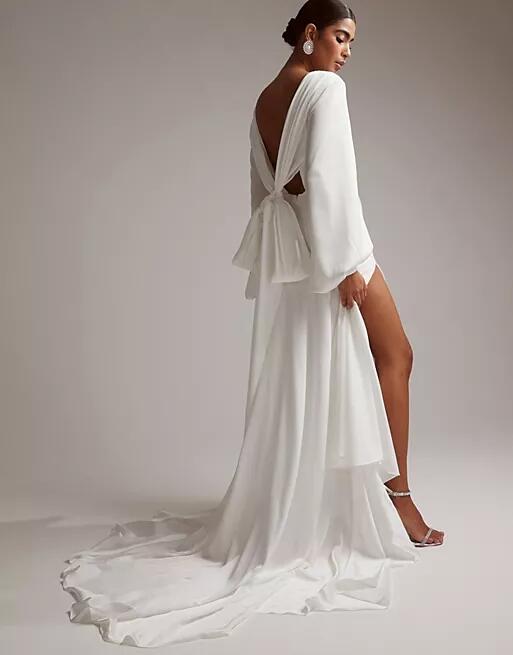 ASOS DESIGN Mary satin wedding dress with drape bow back and blouson sleeve in-White Cover